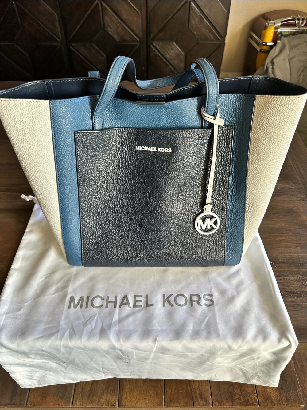 Michael Kors Colorblock Leather Tote in Navy, Blue & Cream